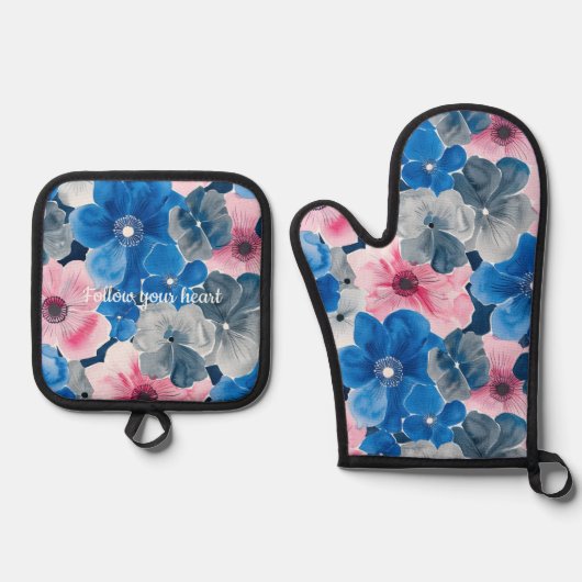 おしゃれなピンクとブルーの花柄のブライズシャワー 鍋つかみ&鍋敷きセット (正面)
