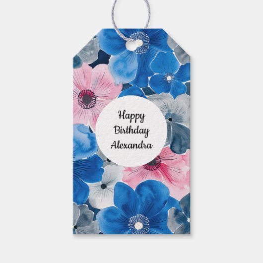 おしゃれなピンクとブルーの花模様の誕生日 ギフトタグ (正面)