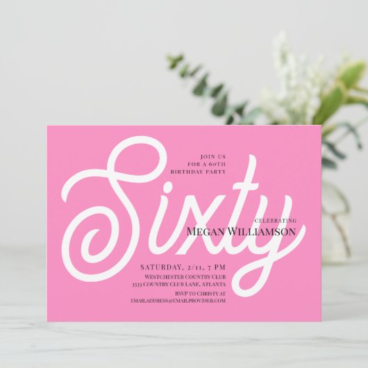 おしゃれなピンクとホワイトのカリグラフィー 60歳の誕生日 招待状 (スタンド正面)