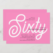 おしゃれなピンクとホワイトのカリグラフィー 60歳の誕生日 招待状 (正面/裏面)