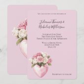おしゃれなピンクと白のバラの花のハート型のウェディング 招待状 (正面/裏面)
