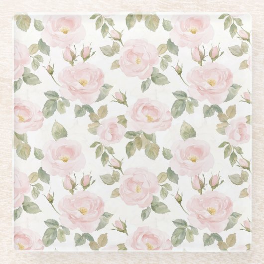 おしゃれなピンクと白のバラの花のブライズシャワー ガラスコースター (正面)