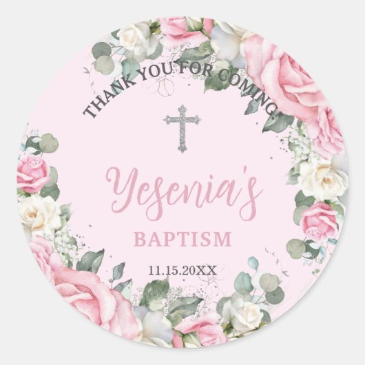 おしゃれなピンクと白のバラの花の洗礼・キリスト洗礼 ラウンドシール (正面)
