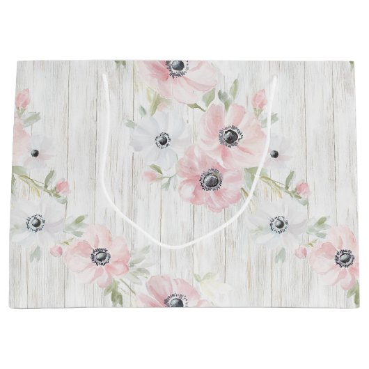 おしゃれなピンクと白の花のブライズシャワー ラージペーパーバッグ (正面)