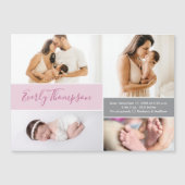 おしゃれなピンクのカスタム名と赤ちゃんの女の子の写真のコラージュ マグネット招待状 (正面)