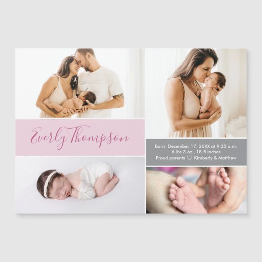 おしゃれなピンクのカスタム名と赤ちゃんの女の子の写真のコラージュ マグネット招待状 (正面)