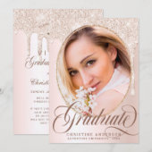 おしゃれなピンクのグリッター写真バーチャル卒業パーティー 招待状 (正面/裏面)