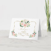 おしゃれなピンクのチークカラーの花のゴールドの白い十字架の洗礼 サンキューカード (正面)