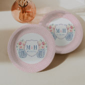 おしゃれなピンクのバラのモノグラム ブライダルシャワー パーティー ペーパープレート