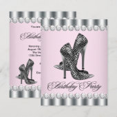 おしゃれなピンクのヒール靴 レパード柄 バースデーパーティー 招待状 (正面/裏面)