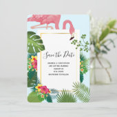 おしゃれなピンクのフラミンゴとトロピカルリーフのウェディング セーブザデート (スタンド正面)