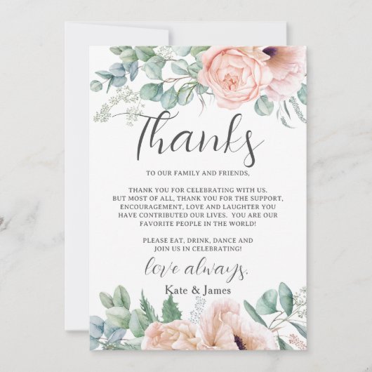 おしゃれなピンクのブッシュ ローズ フラワーの結婚式QRシェア写真 サンキューカード (正面)