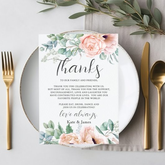 おしゃれなピンクのブッシュ ローズ フラワーの結婚式QRシェア写真 サンキューカード