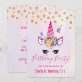 おしゃれなピンクのユニコーンと花の誕生日パーティー 招待状 (正面/裏面)