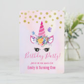 おしゃれなピンクのユニコーンと花の誕生日パーティー 招待状 (スタンド正面)