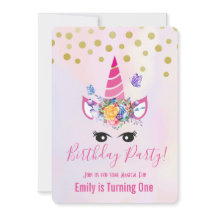 おしゃれなピンクのユニコーンと花の誕生日パーティー