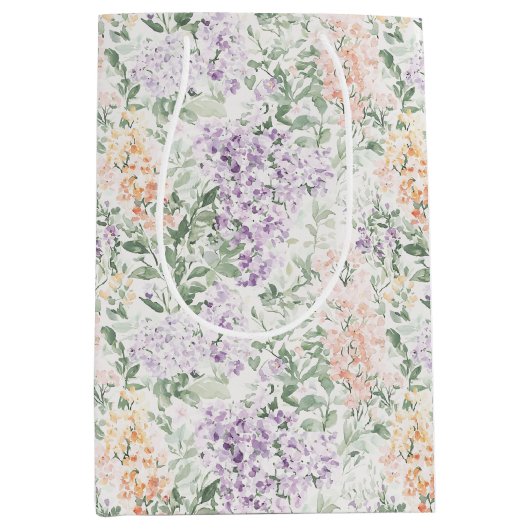 おしゃれなピンクのライラックとラベンダーの花のブライダルシャワー ミディアムペーパーバッグ (正面)
