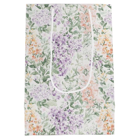 おしゃれなピンクのライラックとラベンダーの花のブライダルシャワー ミディアムペーパーバッグ (裏面)