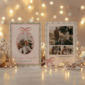 おしゃれなピンクのリボンの家族写真 クリスマスカード