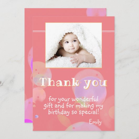 おしゃれなピンクの写真付き誕生日感謝カード（子供向け） サンキューカード (正面/裏面)