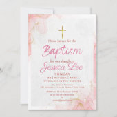 おしゃれなピンクの娘の洗礼招待状カード 招待状 (正面)