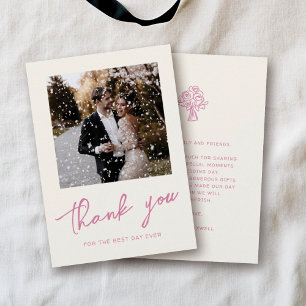おしゃれなピンクの手描き結婚式写真 サンキューカード