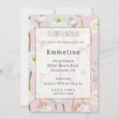 おしゃれなピンクの抽象的な花の誕生日 招待状 (正面)