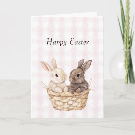 おしゃれなピンクの格子縞 ストライプのウサギ イースター カード (正面)