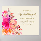 おしゃれなピンクの水彩花イラストの結婚式ウェルカムサイン ポスター (正面)