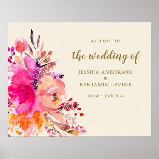 おしゃれなピンクの水彩花イラストの結婚式ウェルカムサイン ポスター (正面)