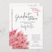 おしゃれなピンクの羽根の卒業パーティー 招待状 (正面/裏面)