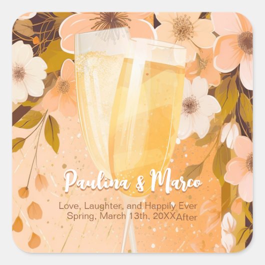 おしゃれなピンクの花とシャンパンのブライダルシャワーパーティー スクエアシール (正面)
