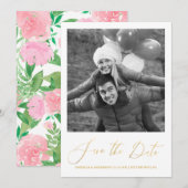 おしゃれなピンクの花のカリグラフィー写真 Save the Date セーブザデート (正面/裏面)