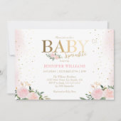 おしゃれなピンクの花のゴールドの女の子のベイビーシャワー 招待状 (正面)