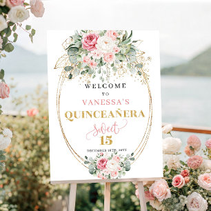 おしゃれなピンクの花のゴールドパステルカラーの quinceañera ウェルカム  ポスター