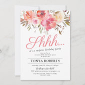 おしゃれなピンクの花のサプライズ誕生日パーティー 招待状 (正面)