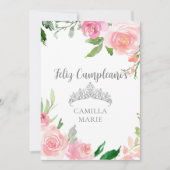 おしゃれなピンクの花のシルバーティアラ 誕生日おめでとう カード (正面)