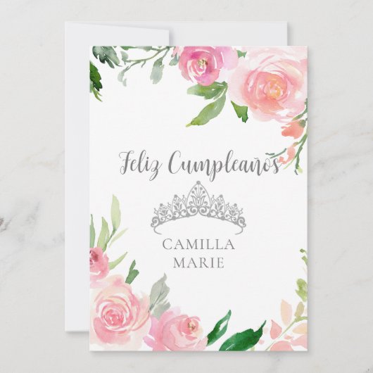おしゃれなピンクの花のシルバーティアラ 誕生日おめでとう カード (正面)
