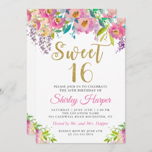 おしゃれなピンクの花のスイート16 16歳の誕生日写真 招待状 (正面/裏面)