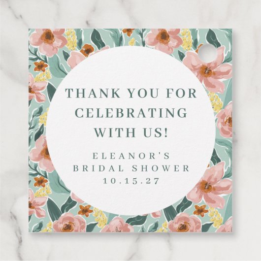 おしゃれなピンクの花のブライダルシャワー カスタム感謝メッセージ フェイバータグ (裏面)