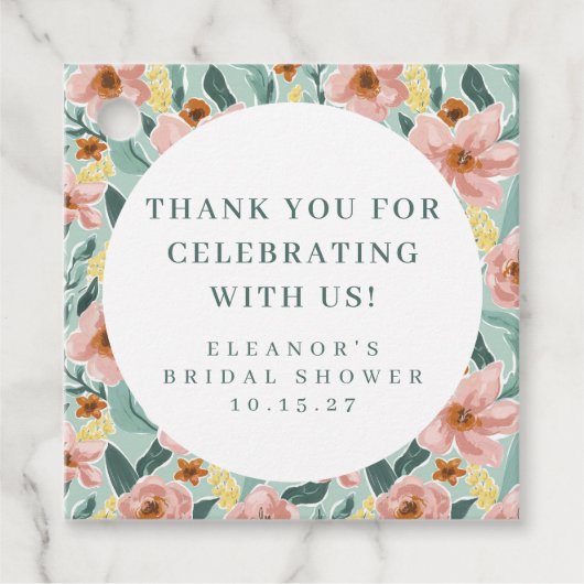 おしゃれなピンクの花のブライダルシャワー カスタム感謝メッセージ フェイバータグ (正面)