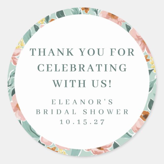 おしゃれなピンクの花のブライダルシャワー カスタム感謝メッセージ ラウンドシール (正面)