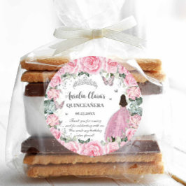 おしゃれなピンクの花のプリンセス シルバー 15歳の誕生日パーティー ラウンドシール