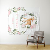 おしゃれなピンクの花の森の鹿の女の子の赤ちゃんの背景 タペストリー (インサイチュ(横))
