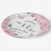 おしゃれなピンクの花柄シルバーの蝶のキンセアニェラ XV ペーパープレート (アングル)