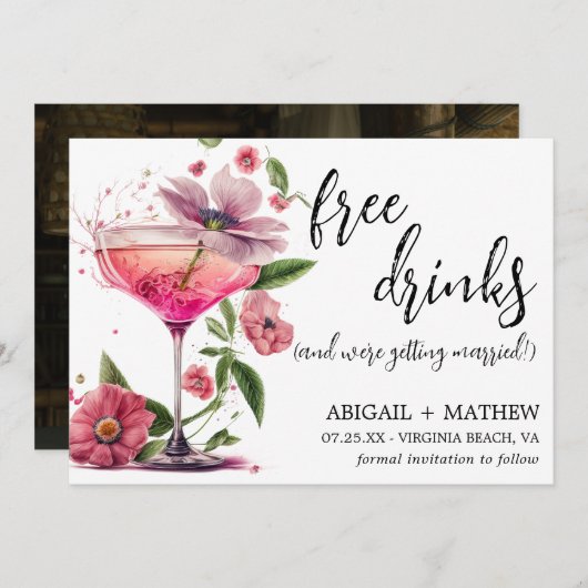 おしゃれなピンクの花柄ドレス　トレンディな写真　結婚式 セーブザデート (正面/裏面)