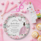 おしゃれなピンクの花柄プリンセス シルバー キンセアニエラ XV ペーパープレート (パーティー)