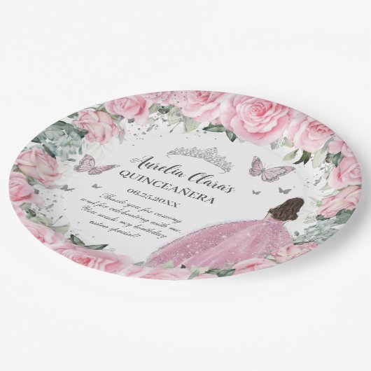 おしゃれなピンクの花柄プリンセス シルバー キンセアニエラ XV ペーパープレート (アングル)