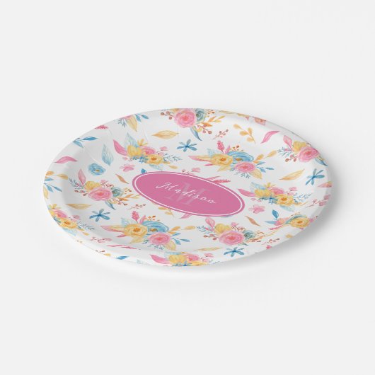 おしゃれなピンクの花柄モノグラム ペーパープレート (アングル)