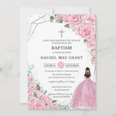 おしゃれなピンクの花柄 シルバー 女の子 洗礼 命名式 招待状 (正面)